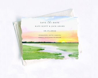 Marsh Wedding Invitations Printed on Handmade Deckled Edge Paper or Cardstock | Featuring a Watercolor of a Lowcountry Marsh Landscape