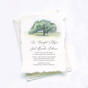 Live Oak Tree Watercolor Wedding Invitations, Handmade Paper Wedding Invitation, Deckle Edge Paper Wedding Invitation