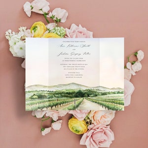 Sunstone Villa Wedding Invitations Featuring an Original Watercolor of Sunstone Villa in California | Vineyard Watercolor Wedding Invitation