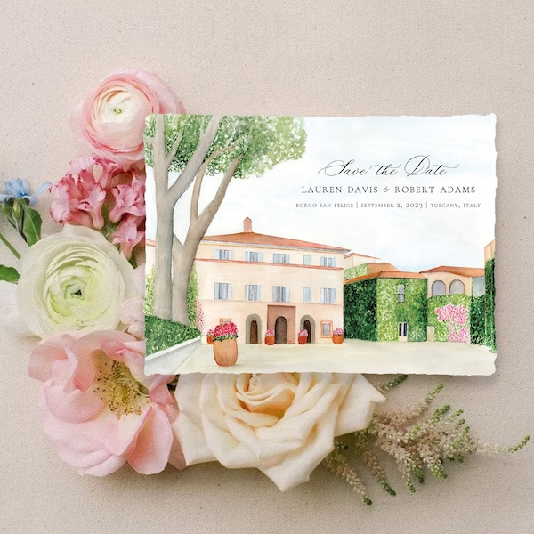 Borgo San Felice Tuscany Italy Save the Date Wedding Invitations Featuring an Original Watercolor of Borgo San Felice in Tuscany