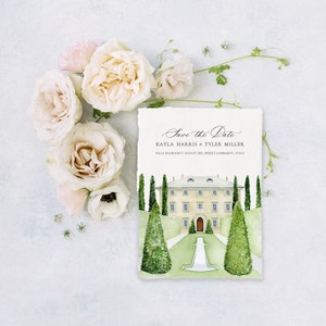 Villa Balbiano Lake Como Italy Save the Date Wedding Invitations Featuring an Original Watercolor of Villa Balbiano Lake Como, Italy