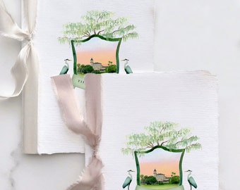 Wedding Vow Books with an Original Watercolor Crest of Jekyll Island Printed on Handmade Paper with Deckled Edges