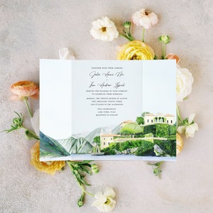 Lake Como Villa Balbianello Wedding Invitations Featuring an Original Watercolor of Villa Balbianello in Lake Como, Italy