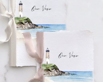 Wedding Vow Books with Watercolor of a Lighthouse Printed on Handmade Paper with Deckled Edges