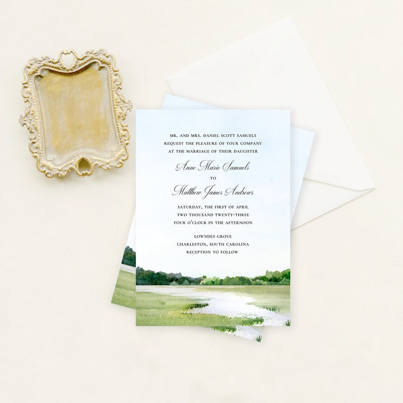 Marsh Wedding Invitation Suite Printed on Handmade Hand Torn Paper or Cardstock Charleston South Carolina Wedding Invitations image 1