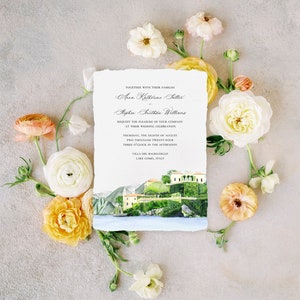 Lake Como Watercolor Wedding Invitation Suite Featuring Watercolor of Villa Del Balbianello in Lake Como, Italy
