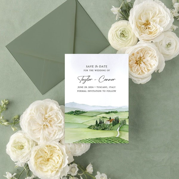 Tuscan Wedding Invitation Suite Featuring an Original Watercolor of Tuscany Italy Val d'Orcia and Chapel Vitaleta