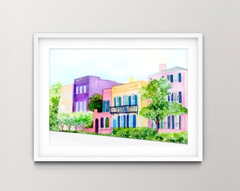 Rainbow Row Watercolor Art Print from an Original, Hand-painted Watercolor of Rainbow Row in Charleston, South Carolina