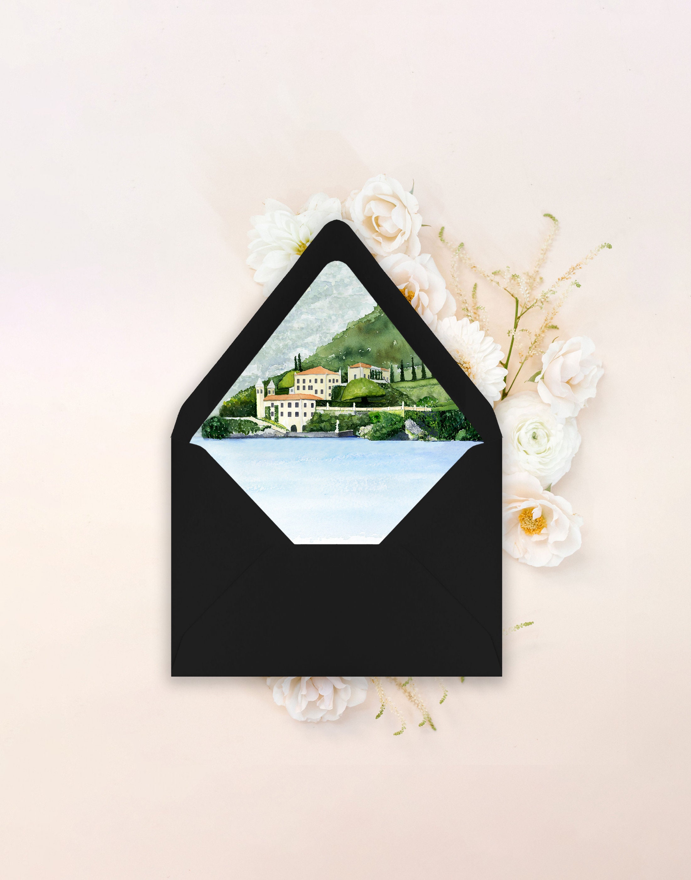 Villa Balbianello Envelope Liners Featuring an Original, Hand-painted Watercolor of the Villa Balbianello Lake Como Italy