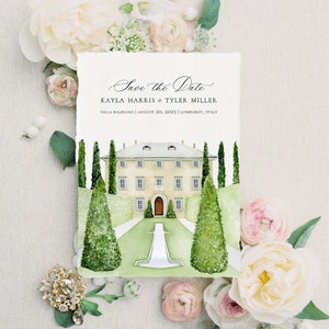 Lake Como Wedding Invitations Featuring an Original Watercolor of Villa Balbiano Lake Como in Italy