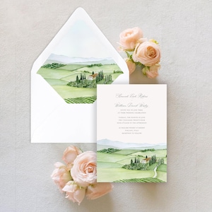 Tuscany Wedding Invitations Printed on Handmade Paper or Cardstock | Featuring an Original Watercolor of Val d’Orcia, Tuscany Italy