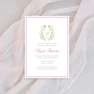 Floral Bridal Shower Invitations Printed on Handmade Paper or Cardstock Featuring Hand-painted Watercolor Floral Crest