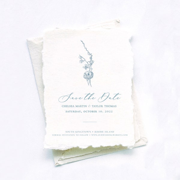 Dusty Blue Save the Dates Printed on Handmade Paper with Deckled Edges Featuring Original Rose Illustration