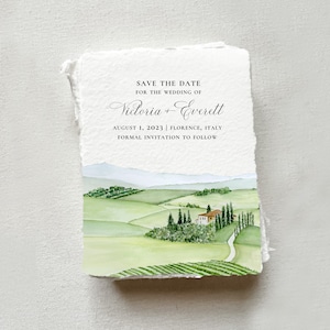 Tuscany Wedding Invitations Printed on Handmade Paper or Cardstock | Featuring an Original Watercolor of Val d’Orcia, Tuscany Italy