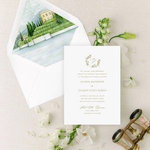 Villa Cipressi Wedding Invitation Suite Featuring an Original Watercolor of Hotel Villa Cipressi on Lake Como in Italy