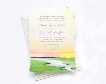 Printed Handmade Wedding Invitations with an Original Watercolor Painting of a Sunset Marsh Landscape