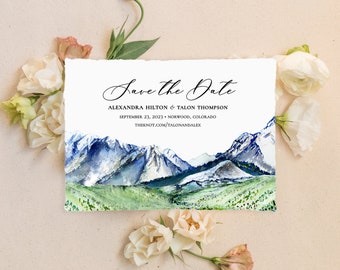 Mountain Watercolor Save the Dates, Handmade Paper Save the Date Cards, Wedding Save the Date Cards, Deckle Edge Paper Save the Date