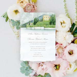 Villa Cipressi Lake Como Watercolor Wedding Invitation Suite Featuring an Original Watercolor of Hotel Villa Cipressi on Lake Como in Italy