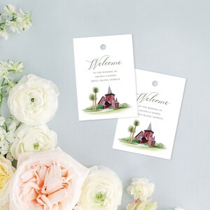 Jekyll Island Faith Chapel Watercolor Wedding Welcome Tags with an Original Watercolor Painting of Faith Chapel Jekyll Island Georgia