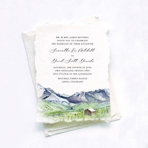 Watercolor Mountain Wedding Invitations, Handmade Paper Wedding Invitation, Deckle Edge Paper Wedding Invitation