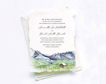 Watercolor Mountain Wedding Invitations, Handmade Paper Wedding Invitation, Deckle Edge Paper Wedding Invitation