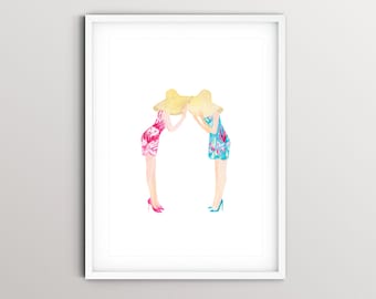 Lilly-Inspired Watercolor Art Print from Original Watercolor Painting | Two Best Friends in Lilly Dresses