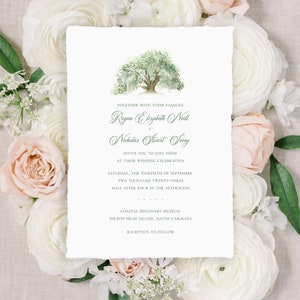 Oak Tree Watercolor Wedding Invitation Printed on Handmade Paper or Cardstock