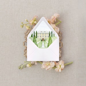 Villa Balbiano Envelope Liners Featuring an Original, Hand-painted Watercolor of Italian Wedding Venue Villa Balbiano in Lake Como, Italy