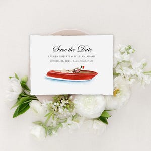 Italian Boat Wedding Invitations Printed on Handmade Paper or Cardstock | Featuring a Watercolor of an Italian Boat on Lake Como in Italy
