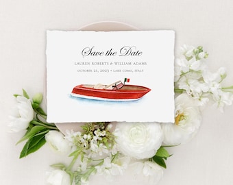 Italian Boat Wedding Invitations Printed on Handmade Paper or Cardstock | Featuring a Watercolor of an Italian Boat on Lake Como in Italy