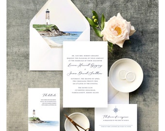 Watercolor Lighthouse Invitation Suite | Nautical Invitations with Original Watercolor Artwork of a Lighthouse Landscape