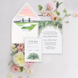 Watercolor Charleston Wedding Invitation Suite Printed on Handmade Hand Torn Paper or Cardstock | Charleston Wedding