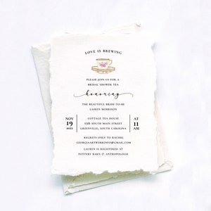 Bridal Shower Tea Invitation Printed on Handmade Paper with Deckled Edges | Watercolor Tea Party Bridal Shower