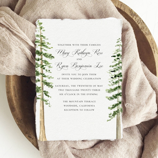 Redwood Trees Watercolor Wedding Invitations, Handmade Paper Wedding Invitation, Deckle Edge Paper Wedding Invitation