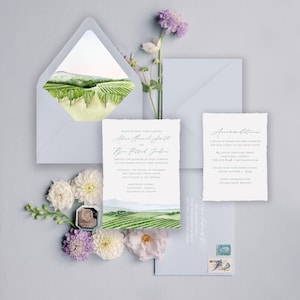 Winery Wedding Invitations Featuring an Original Watercolor of Vineyard Landscapes