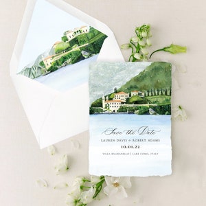 Villa del Balbianello Lake Como Wedding Invitations Printed on Handmade Paper or Cardstock | Original Watercolor of the Villa Balbianello
