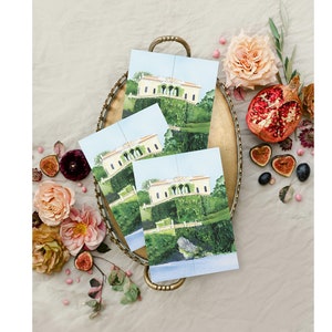 Lake Como Villa Balbianello Wedding Invitations Featuring an Original Watercolor of Villa Balbianello in Lake Como, Italy