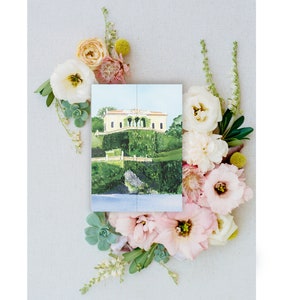 Villa Balbianello Wedding Gatefold Invitation with Watercolor of Villa Balbianello in Lake Como, Italy | Italian Wedding Invitations