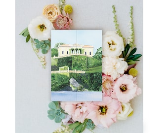 Villa Balbianello Wedding Gatefold Invitation with Watercolor of Villa Balbianello in Lake Como, Italy | Italian Wedding Invitations