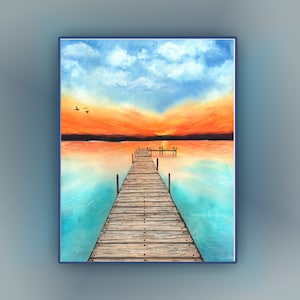 Sunrise Sunset Wood Dock, Orange Rust Sky, Teal Turquoise Blue Ocean Water, Watercolor Artwork, Skyline Coast, Wall Art 5x7 8x10 11x14 16x20