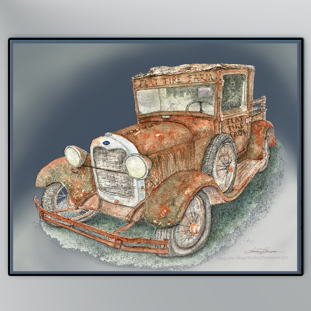 Model A Rusty Old Car Wall Art Print, Rust Orange Blue Gray Green, Man