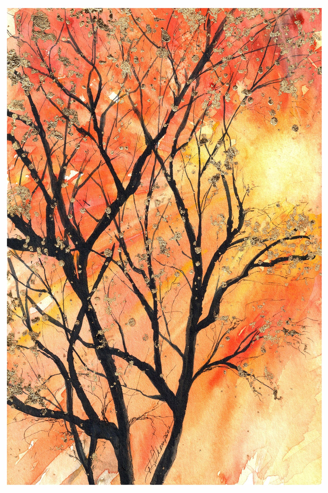 Autumn Sky Art Print Tree Branches Gold Leaf Leaves 5x7 8x10 Etsy
