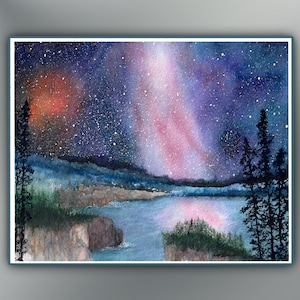 Galaxy Sky Art Print Colorful Water Reflection, Aura Night Sky Northern Lights Artwork Blue Purple Orange Pink Wall Art 5x7 8x10 11x14 16x20