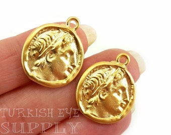 Greek Medallion Pendant, Ancient Greek Coin Pendant, Gold Plated Coin, Rustic Coin Pendant, Gold Medallion, Necklace Pendant, 2 Pc