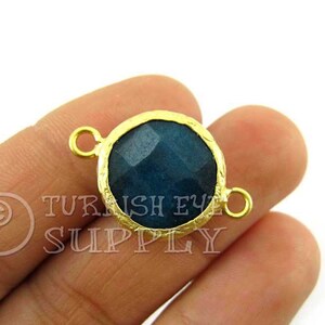 Teal Gemstone Connector, Gemstone Bracelet Findings, Faceted Gemstone Pendant, Gold Bezel Connector, 16mm  Round Jade Connector