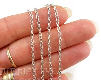 Delicate Oval Cable Chain, Antique Silver Plated Chain, 2mm Dainty Chain, Necklace Chain, 2x3mm Cable Chain, Oval Silver Chain, 1 Meter