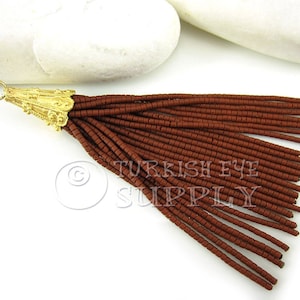 Burnt Umber Seed Beaded Tassel, Afghan Beaded Tassel Charm, Brown Beaded Tassel, Gold Tassel Pendant, Heishi Beaded Tassel, Earring Tassels