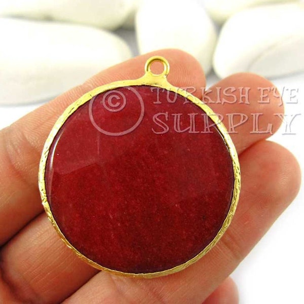 Maroon Red Gemstone Pendant, Mini Jade Pendant, 22k Gold Plated Bezel, 36mm Round Gemstone Pendant, Gemstone Necklace Jewelry Pendant, 1Pc