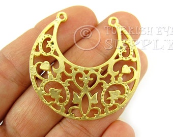 Tribal Fretwork Crescent Pendant, Large Gold Crescent Pendant, Gold Crescent Charm, Rustic Crescent Charm, Crescent Connector Findings, 1pc