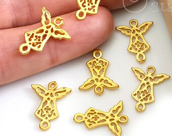 Ciondoli con connettore a forma di angelo in oro, placcati in oro 22k, mini ciondolo a forma di angelo, accessori per braccialetti con angelo, gioielli con angelo in oro, 5 pezzi